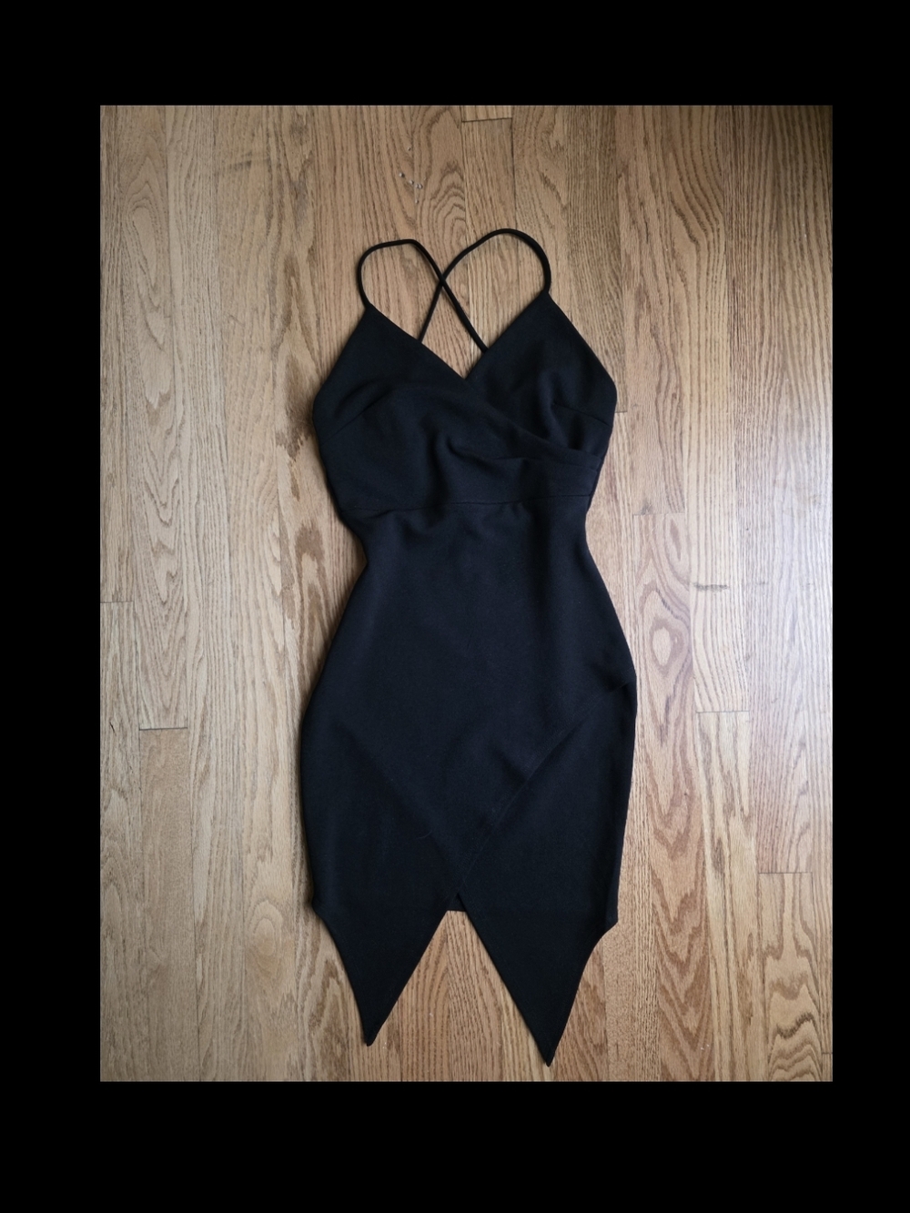 Black V Neck Double Point Hem Cross-Back Mini Dress